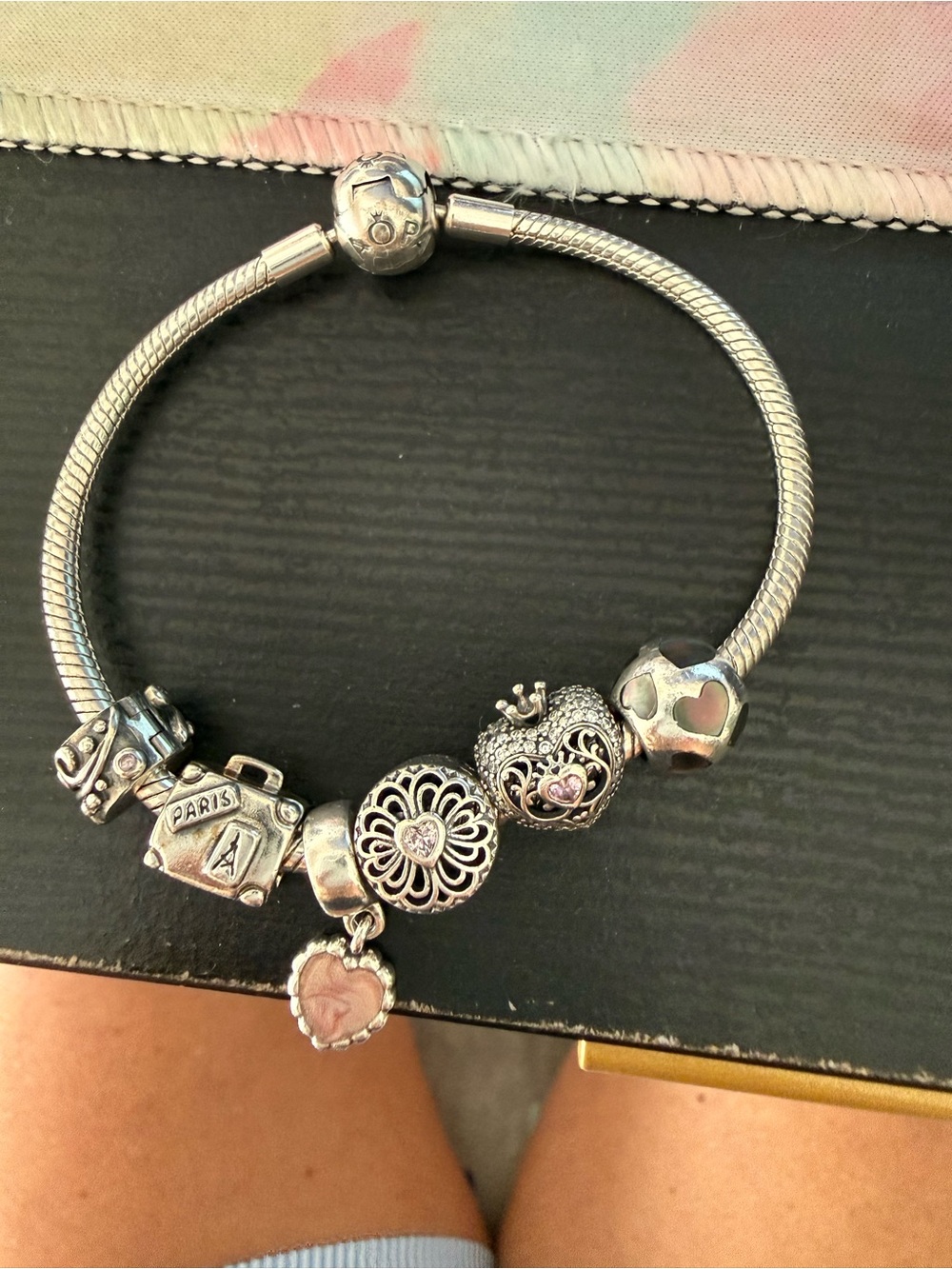 Pandora 7” bracelet with  5 charms 1 clip